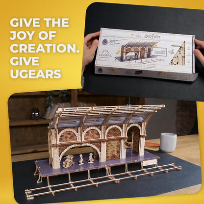 UGEARS Harry Potter Platform 9 ¾ 3D Puzzle - Wooden Model Kits for Adults To Build - Mechanical Wooden Model Kit - Compatible with Ugears Hogwarts Express Train - 3D Wooden Puzzle includes 2 Figurines