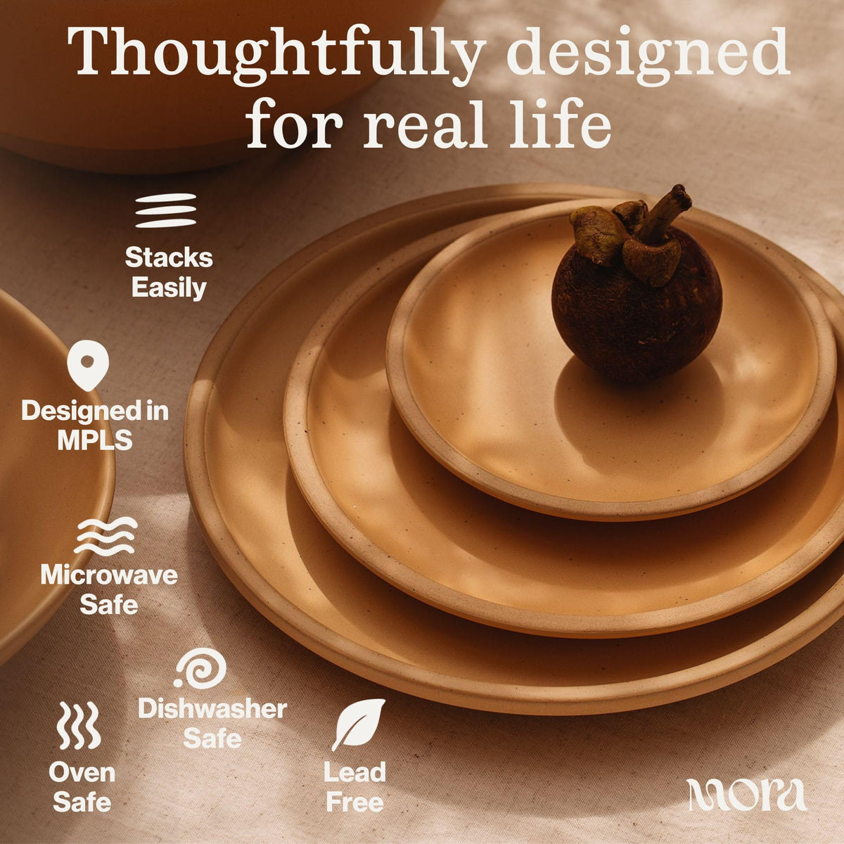MORA Medium Plates Set of 4, 8.5 inch Ceramic Pottery Salad Plates - Microwave, Oven and Dishwasher Safe - Mushroom