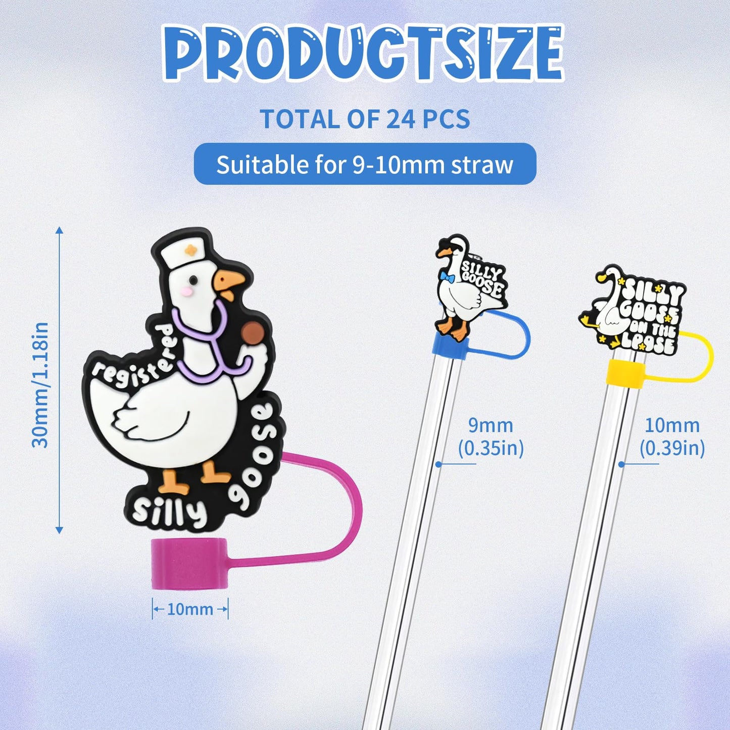 24PCS Silly Goose Straw Cover Cap for Stanley Cup 40oz Cute Tumbler Straw Toppers Bulk Reusable PVC Cute DIY Straws Accessories,fit 0.35-0.4in/10mm Straws Protector Dust-Proof for Party gifts