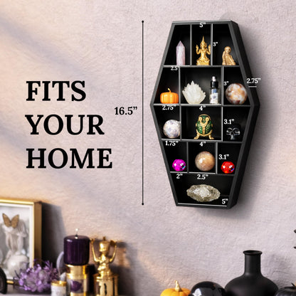 Gothic Curiosities Curio Coffin Shelf - Wooden Goth Decor for Display or Storage of Shot Glasses, Mini Figures, Rocks, and More - 17 by 9.75 by 2.75 Inches