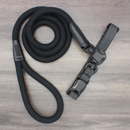 Quick Clip Dog Collar & Rope Leash Set, Black Medium – Magnetic Buckle, Reflective