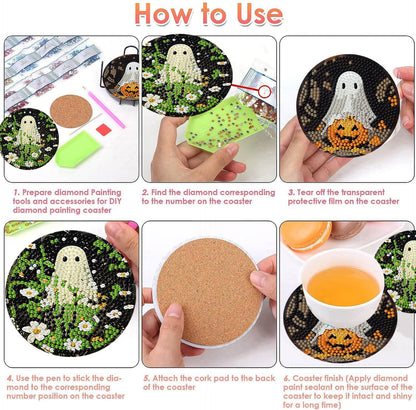 ijbnhd 8 Pack Halloween Diamond Art Coasters Kits, Halloween Diamond Painting Coasters Kit with Holder, DIY Ghost Diamonds Art Non Slip Coaster Crafts Kits for Adults Gifts 4x4 inch (Cork Wooden Pad)