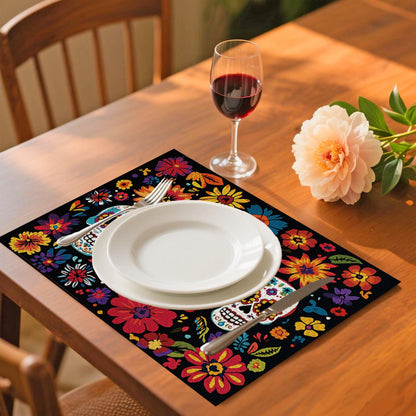 Flowers Skull Placemats Set of 4,Halloween Sugar Skulls Table Mats Mexican Day of The Dead Skeleton Place Mats Linen Heat Resistant Placemats Party Dining Decoration Kitchen