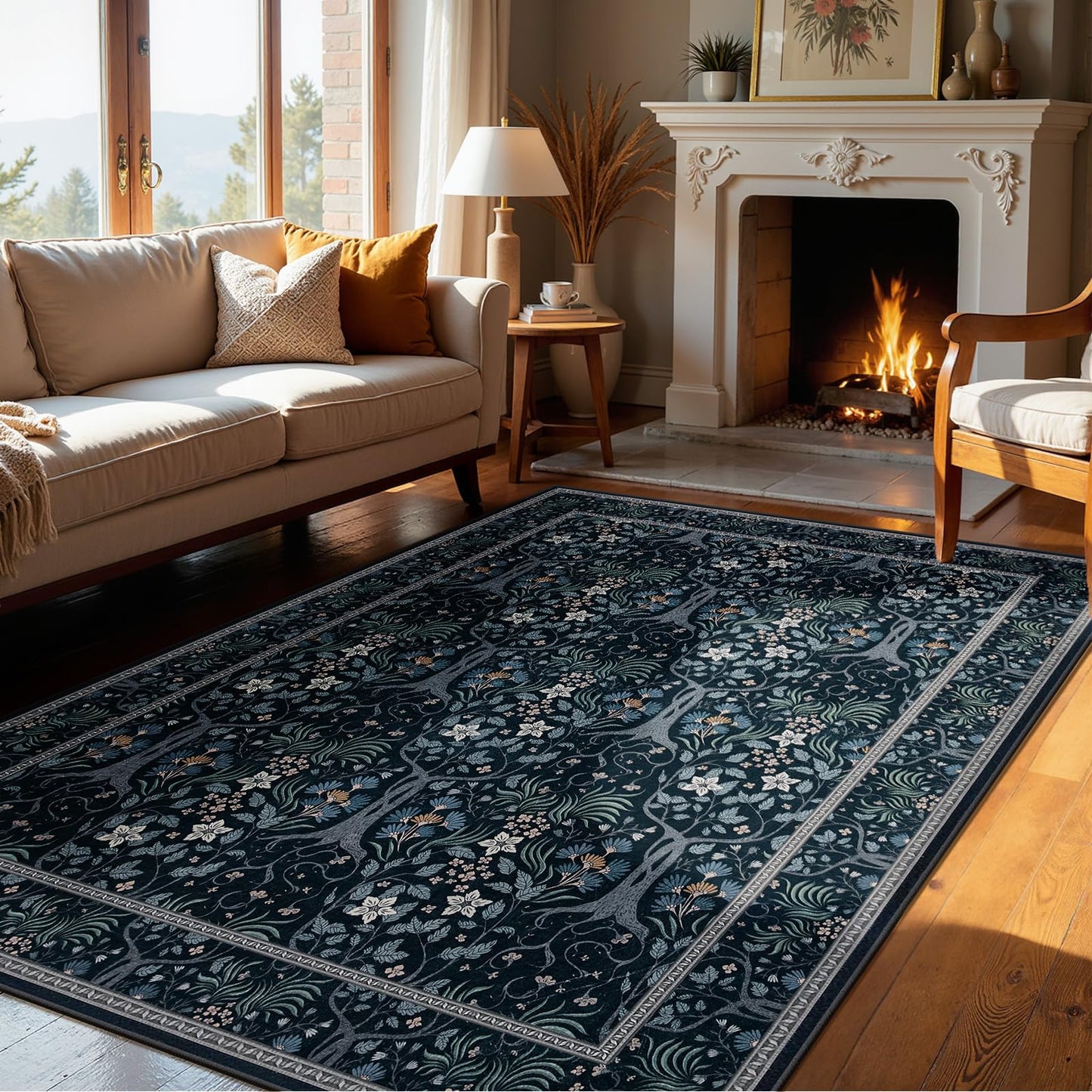 Joydeco Machine Washable Area Rugs 5x7, Boho Floral Rug for Bedroom Non Slip, Soft Forest Botanical Low-Pile Floor Indoor Throw Carpet for Living Dining Room Dorm Office, Black