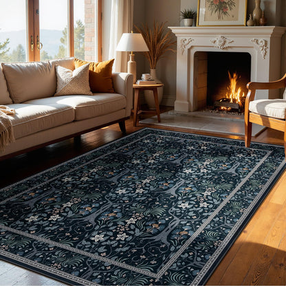 Joydeco Machine Washable Area Rugs 5x7, Boho Floral Rug for Bedroom Non Slip, Soft Forest Botanical Low-Pile Floor Indoor Throw Carpet for Living Dining Room Dorm Office, Black