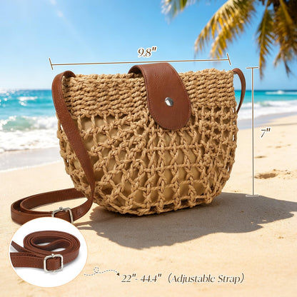 XquiziFit Straw Bag Beach Purse Summer Purses for Women Vacation Handbags Woven Crossbody Bags Khaki