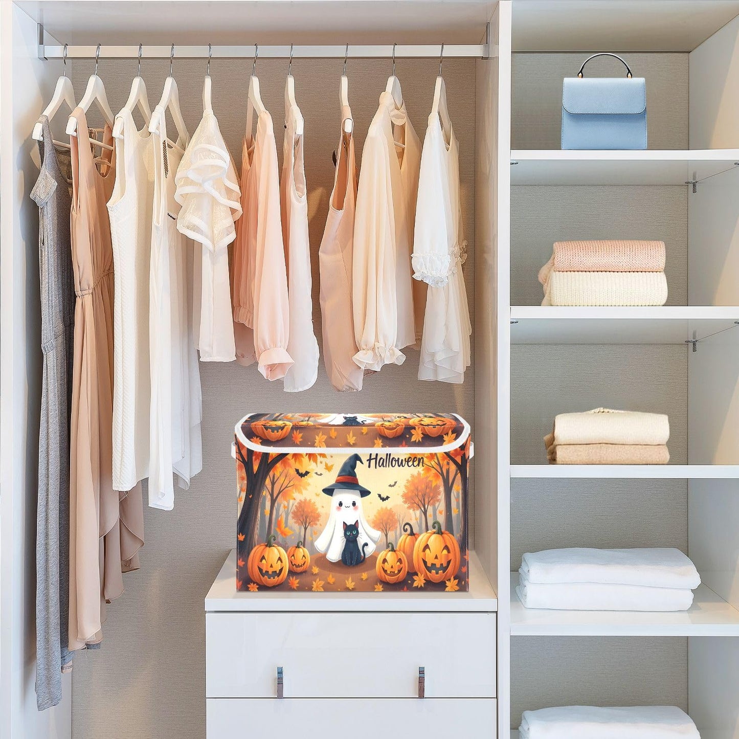 Bolaz Storage Bins with Lids and Handles,Maple Leaves Ghost Pumpkin Storage Box Basket with Cover Collapsible Organizer Containers for Home Closet, Shelves