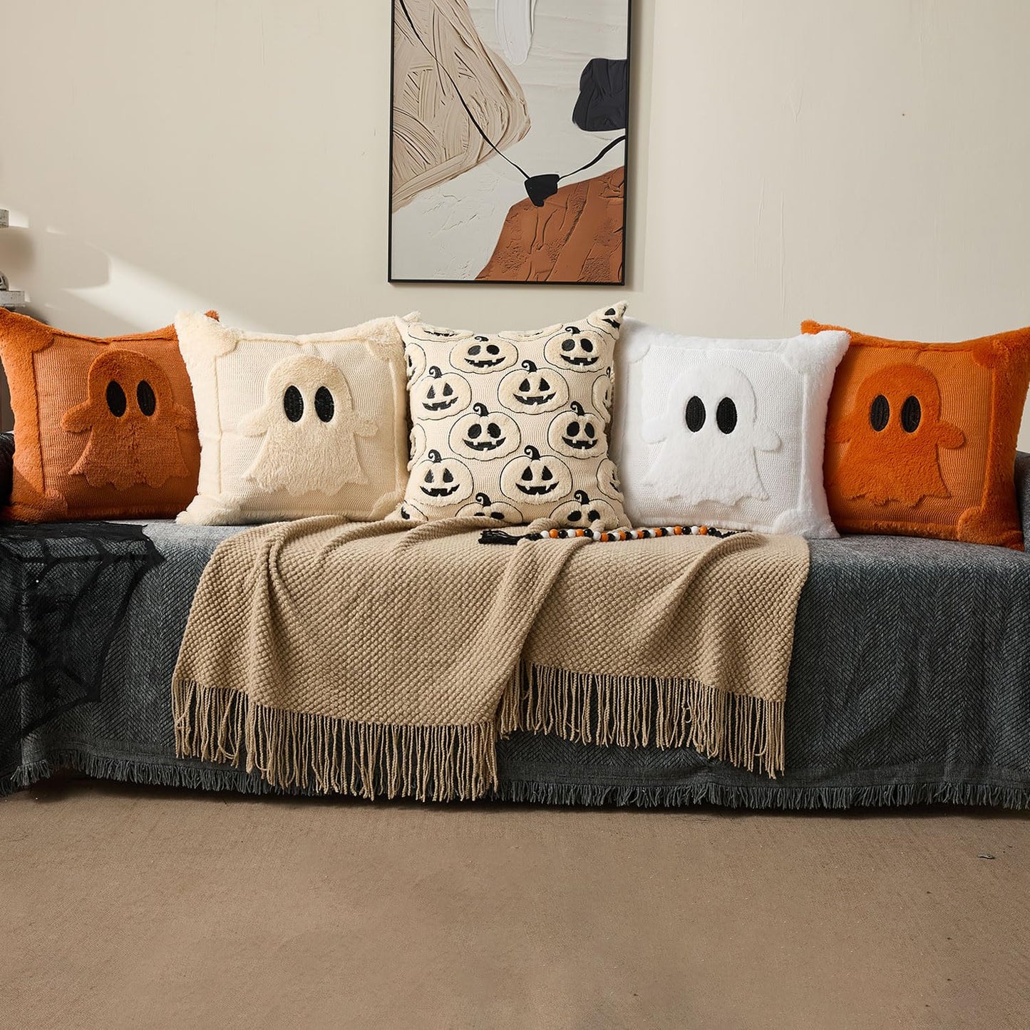 DFXSZ Halloween Pillow Covers 18x18 inch Set of 2 Black Eyes Beige Ghost Throw Pillow Cases Soft Plush Faux Fur Wool Couch Cushion Case for Chair Sofa Bedroom Living Room Home Decor PTK058B18