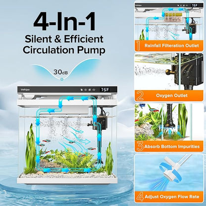 Vehipa Fish Tank Aquarium, 2.2 Gallon Smart Fish Aquarium Kits with Auto Feeder, Silent Water Pump, Temperature Display, Smart Humidifier & 7-Color Lighting, for Office & Home - White