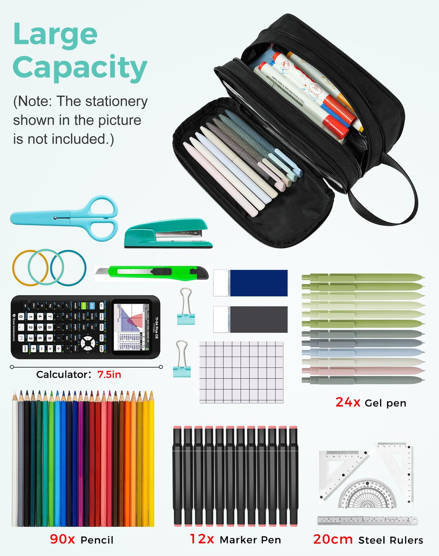 Fmeida Pencil Case Pouch Expandable - Extra Large Pencil Pouch Aesthetic Pencil Bag Office Stationery Organizer with Handle for Adult Men Women Back to School Supplies - Black