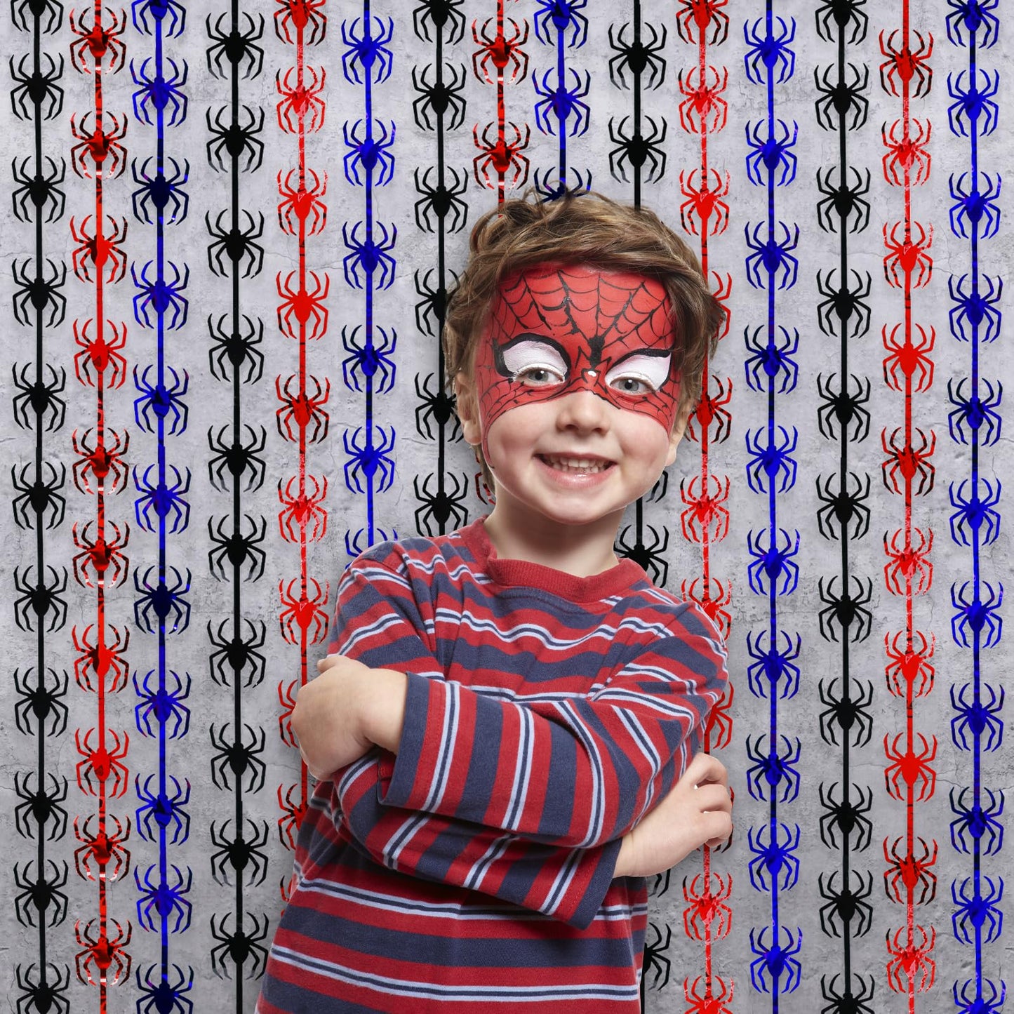 Bupelo Spider Web Birthday Decorations,2 Pack Red Black and Blue Spider Birthday Party Supplies 3.3 x 6.6ft Tinsel Foil Fringe Curtains Photo Booth Props Backdrop Streamers, House Room Decor for Boys