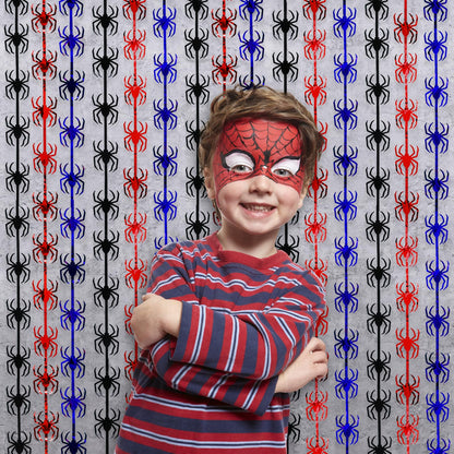 Bupelo Spider Web Birthday Decorations,2 Pack Red Black and Blue Spider Birthday Party Supplies 3.3 x 6.6ft Tinsel Foil Fringe Curtains Photo Booth Props Backdrop Streamers, House Room Decor for Boys