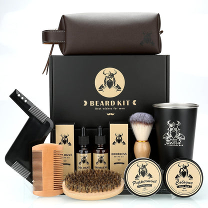 Beard Kit Gifts for Men, Father's Day Birthday Gifts for Men Dad Him, Grooming & Trimming Tool Complete Set, Beard Care Kit with 2 Beard Growth Oil/Balm/Brush/Comb/Shaving Soap/Cup&Storage Bag