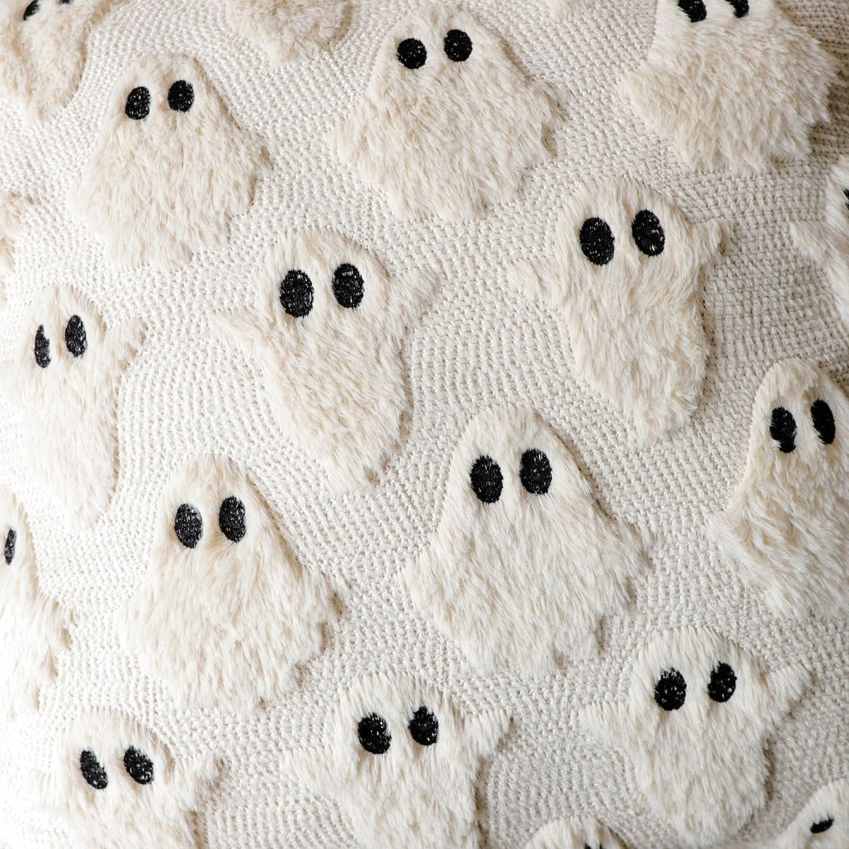 4TH Emotion Halloween Ghost Decorative Pillow Covers 18x18 Set of 2, Beige Soft Plush Faux Fur Farmhouse Throw Cushion Cases for Fall Holiday Home Decorations