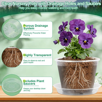 Modacraft 26 Pack Clear Plastic Nursery Pot for Plants with Saucers, 2 Garden Tools and 30 Labels, Variety Clear Nursery Planter with Drainage Holes for Indoor Outdoor (3.1/3.5/3.9/5.1/5.9/7.1 inch)