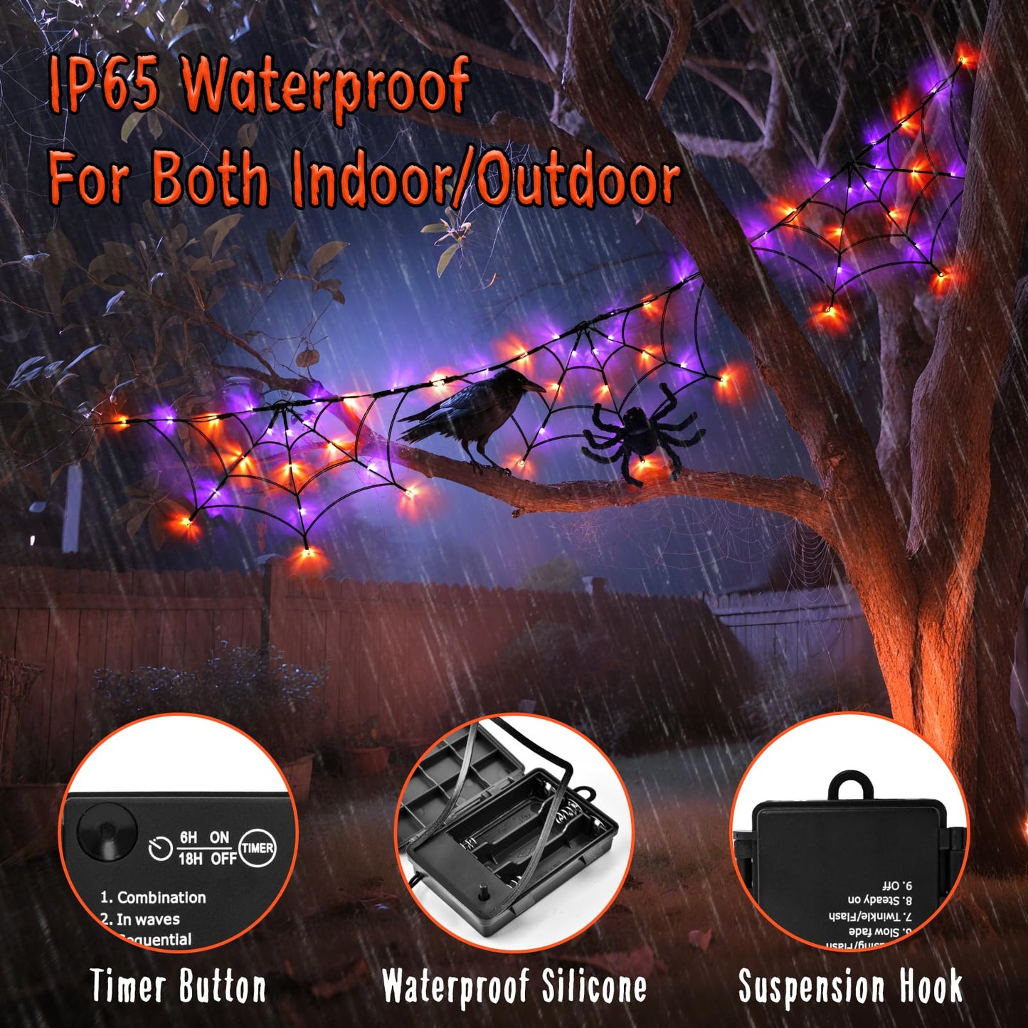 FFZZKJ Halloween Decorations Spider Web Lights 6FT 60LED Battery Operated/USB Powered with Black Spider with Timer 8 Modes Indoor Outdoor for Halloween Decor, Orange&Purple