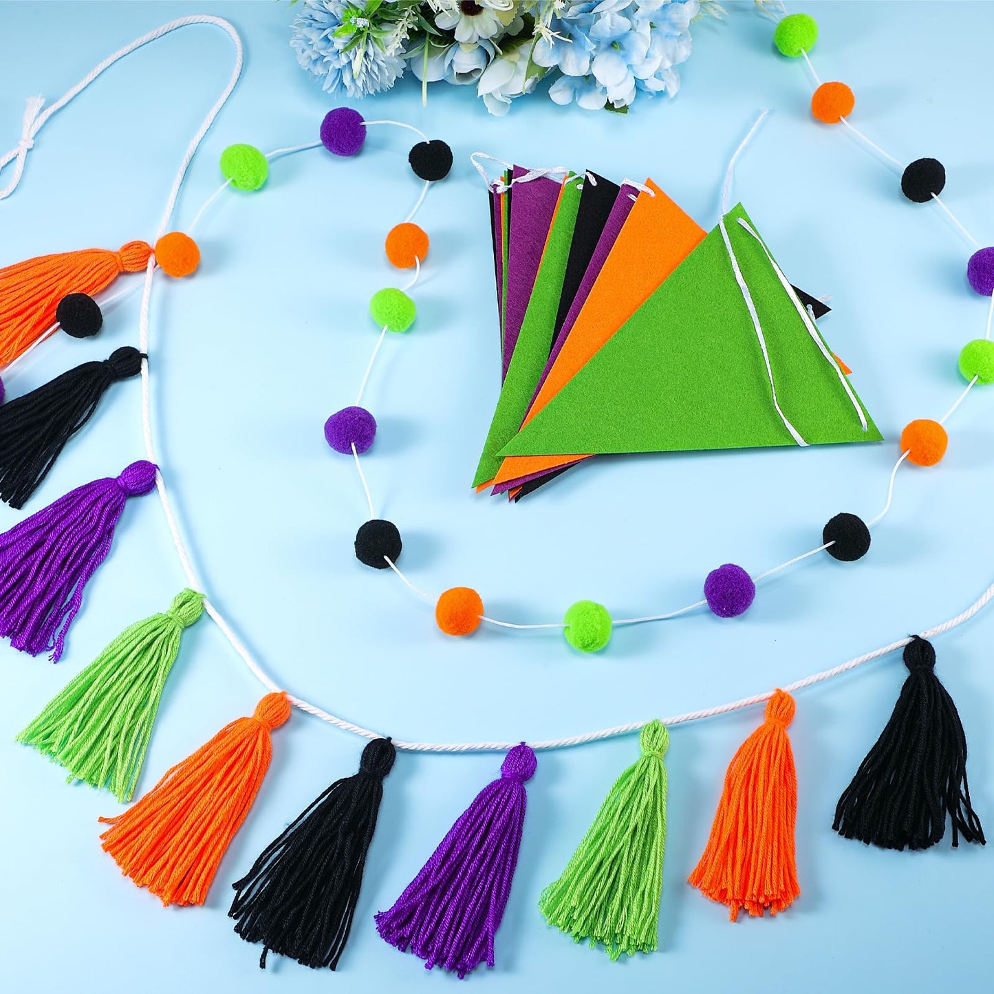 Irenare 9.8 ft Halloween Orange Black Purple Green Pom Pom Garland Felt Fabric Garland Set Colorful Tassel Banner 3.6 ft Felt Pennant Banner for Classroom School Fireplace Birthday Party