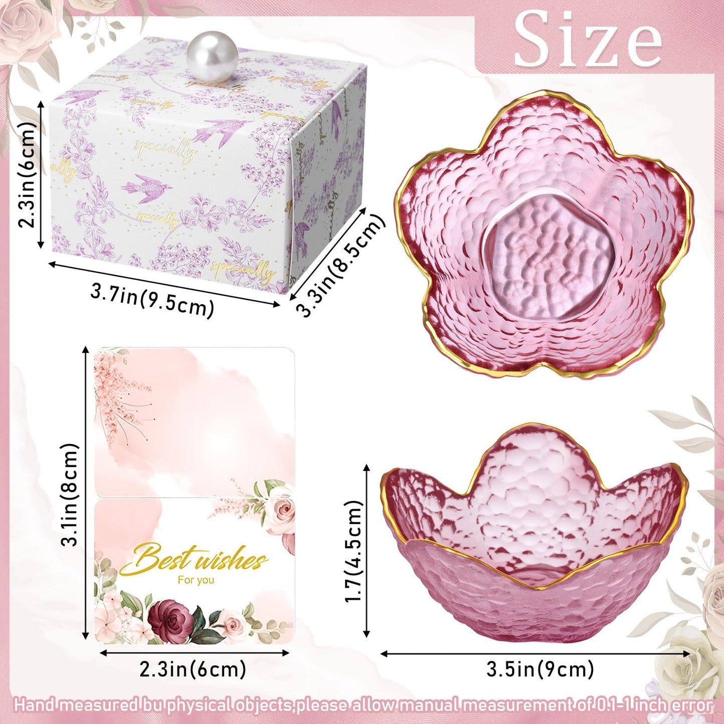 Quelay 8 Set Purple Flower Ring Dish Jewelry Tray with Box Greeting Card Small Glass Trinket Dish Tray for Earrings Jewelry Room Decor Bulk Appreciation Gift for Graduation Women Teacher Friends
