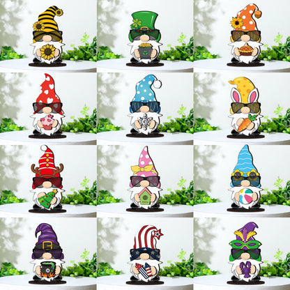 Tellegloww 27 Pcs Interchangeable Wooden Gnome Decor Spring Gnome Welcome Sign DIY Holiday Seasonal Eyeglass Holder Stand Tiered Tray Decorations for Table Home Decorations