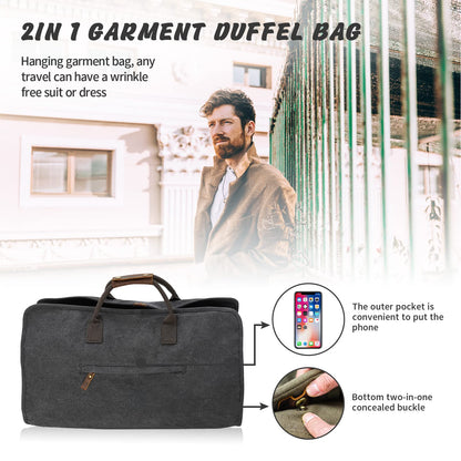 2 in 1 Suit Garment Duffle Convertible Carry-on Bag With Canvas Leather Shoulder Strap for Travel, Business Trips, Storage - Hangding Suit, Clothes, Dresses, Shoes (Black)