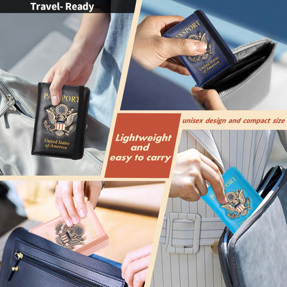 XMLINPER 2 Pcs Passport Holder for Travel with Card Slot RFID Blocking Leather Family Passport Wallet Travel Accessories for Men and Women (Blue and Black)