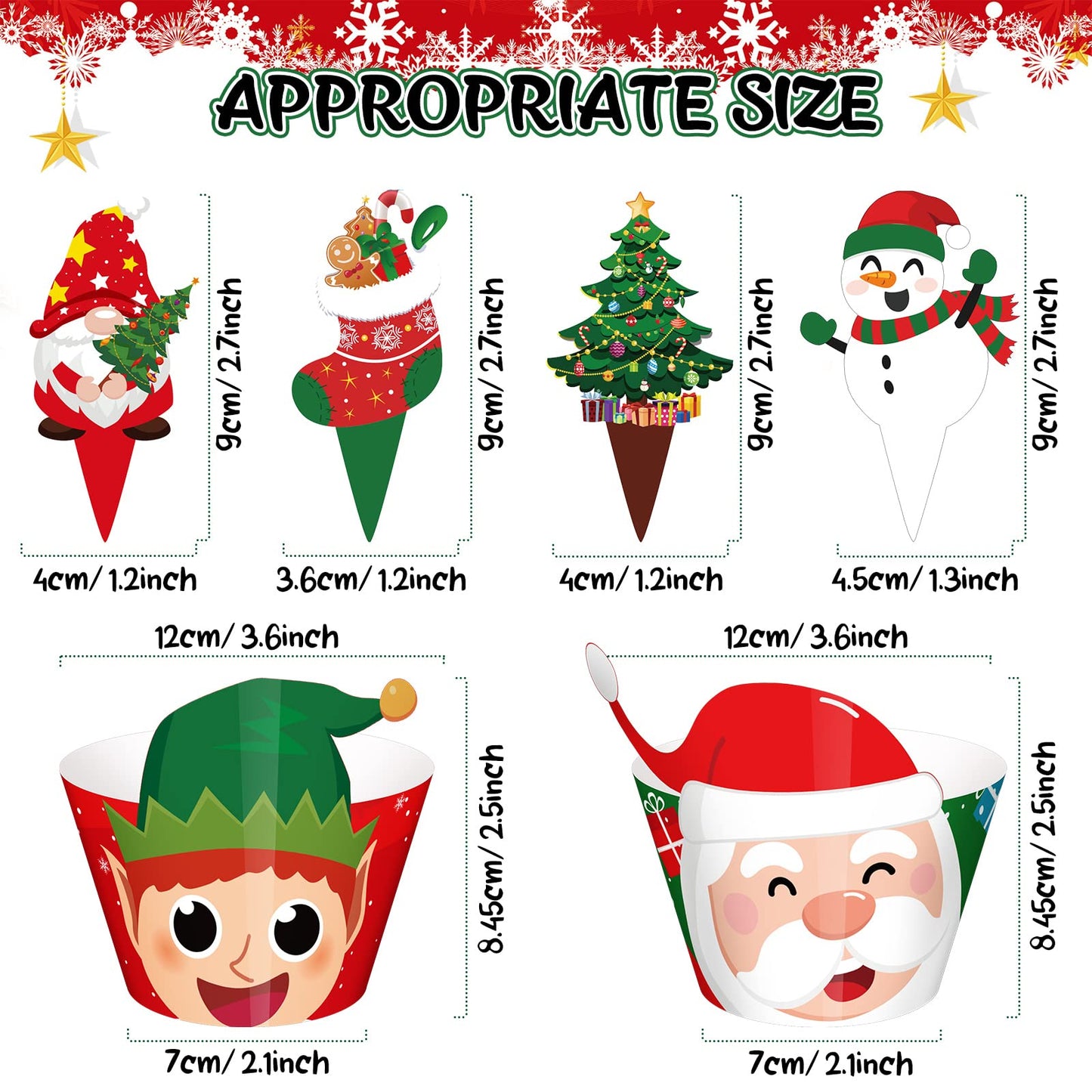 Perthlin 108 Pieces Christmas Cupcake Toppers Wrappers Snowman Santa Claus Reindeer Elf Penguin Gingerbread Christmas Tree Cake Decorations Cupcake Picks Liners for Xmas Holiday Party Supplies Favors