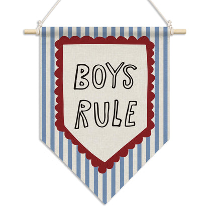 RUKUPA Boy Nursery Wall Art Decor, Kids Playroom Hanging Pennant Flag, Boys Rule Blue Striped Wall Art Poster Hanger for Kids Boy Nursery Toddler Room Bedroom Playroom Decor, 11x15 Inch