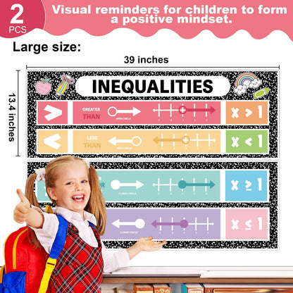 2Pcs Educational Inequalities Math Posters Composition Notebook Math Bulletin Board Mathematics Classroom Banners Back to School Wall Art for Teacher Student Elementary Middle School Office Home Decor