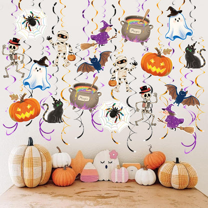 AimtoHome Halloween Hanging Party Decorations, 48 Pcs,Ceiling Decor Indoor Swirl Witches Cauldron Ghost Pumpkin Skull Cat Witch Party Supplies Sign,Black Purple Orange