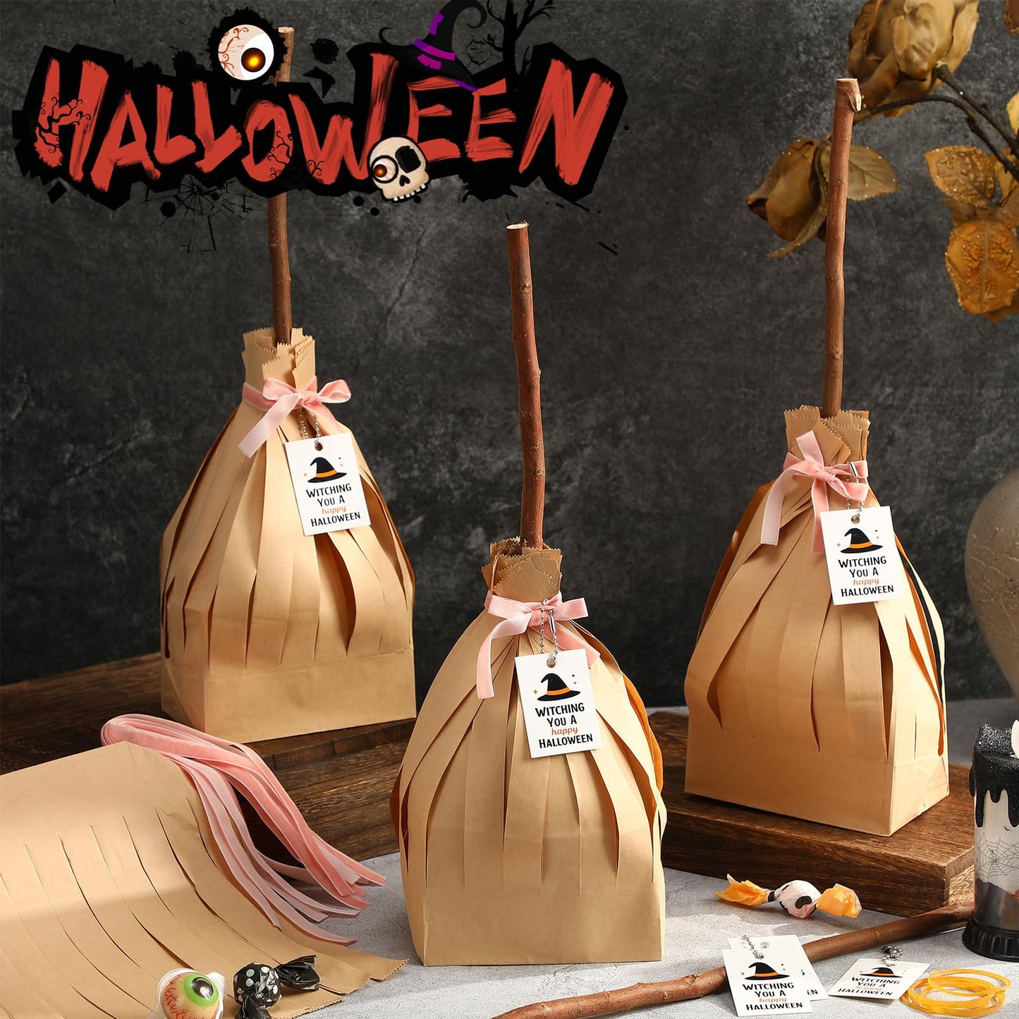 Geyoga 96 Pcs 25" Halloween Treat Bags Large Witch Broom Candy Kraft Paper Bag Set (No Need to Crop) with Pink Cable Tie, Gift Card and Real Dry Branches for Halloween Trick or Treat Party Supplies