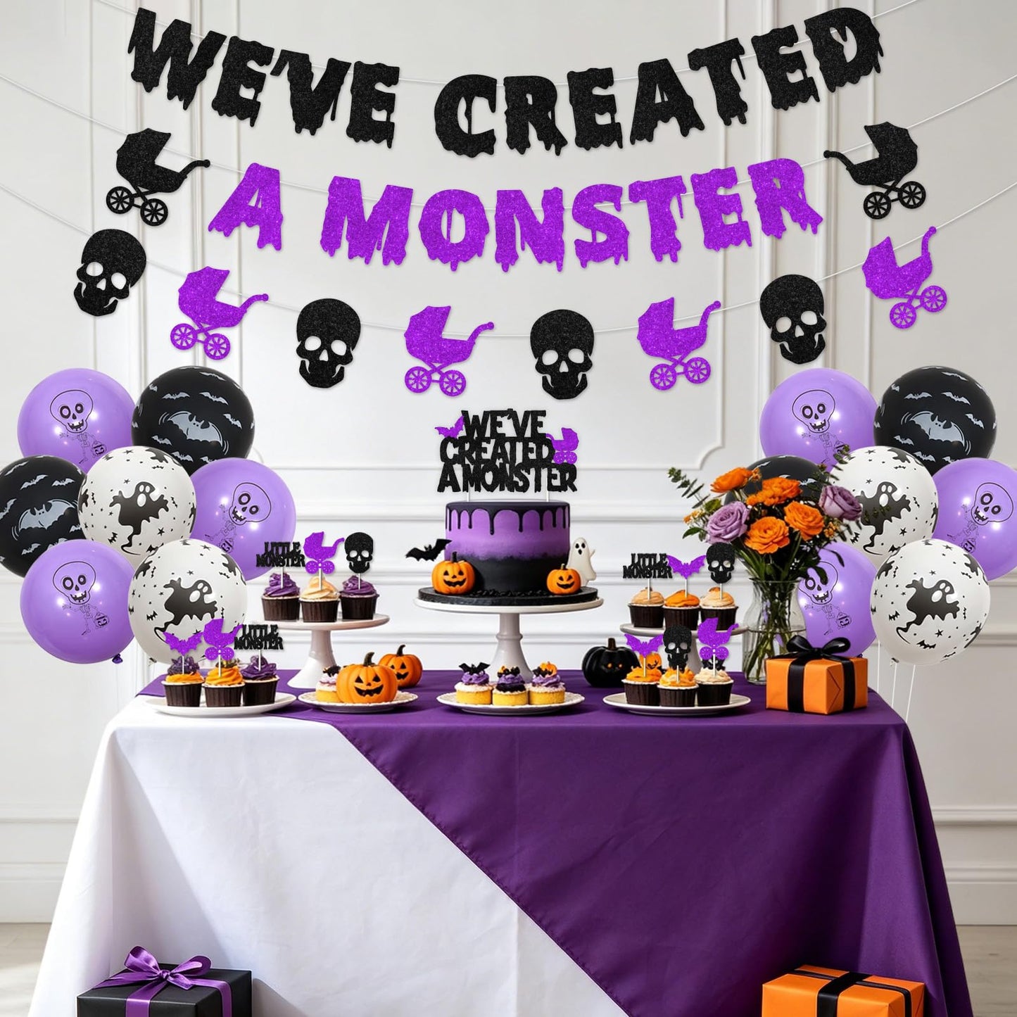 Fangleland Halloween Monster Baby Shower Decorations, Black Purle We've Created a Monster Banner Garland Cake Cupcake Toppers Balloons, Gothic Gender Reveal Pregnancy Announcement Party Supplies