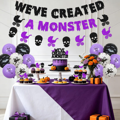 Fangleland Halloween Monster Baby Shower Decorations, Black Purle We've Created a Monster Banner Garland Cake Cupcake Toppers Balloons, Gothic Gender Reveal Pregnancy Announcement Party Supplies