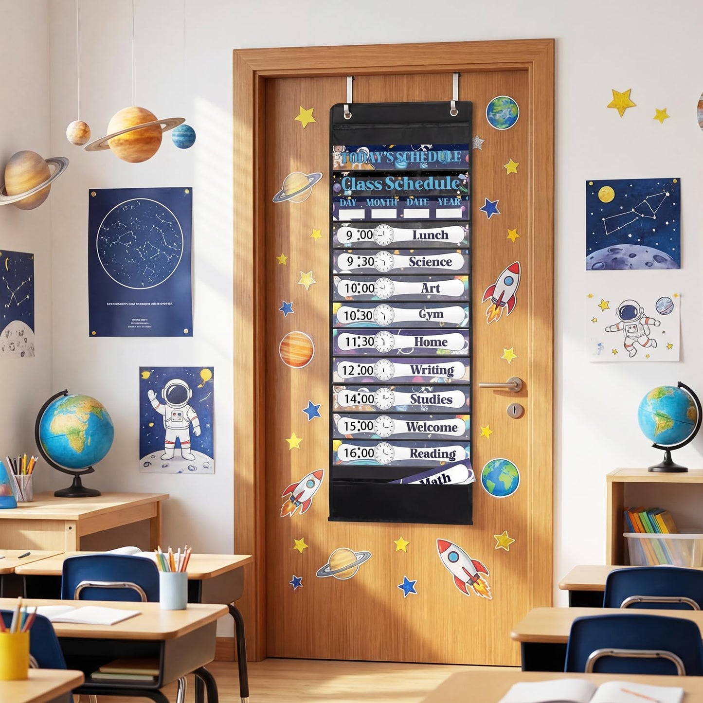Sunnymove Daily Schedule Pocket Chart For Classroom Decor With 13+1 Pockets And 42 Designed Schedule Cards, Teacher Supplies For Preschool Classroom Home Office Back To School Decorations(Starry sky)
