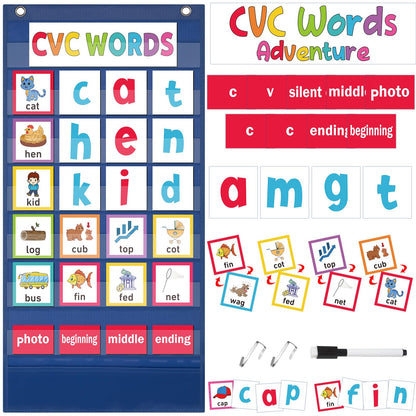 Pasimy CVC Word Pocket Chart with 65 Double-Sided Phonics Flash Cards Classroom CVC Word Literacy Games Preschool Kindergarten Classroom Must Haves for Learning Reading and Spelling(Blue)