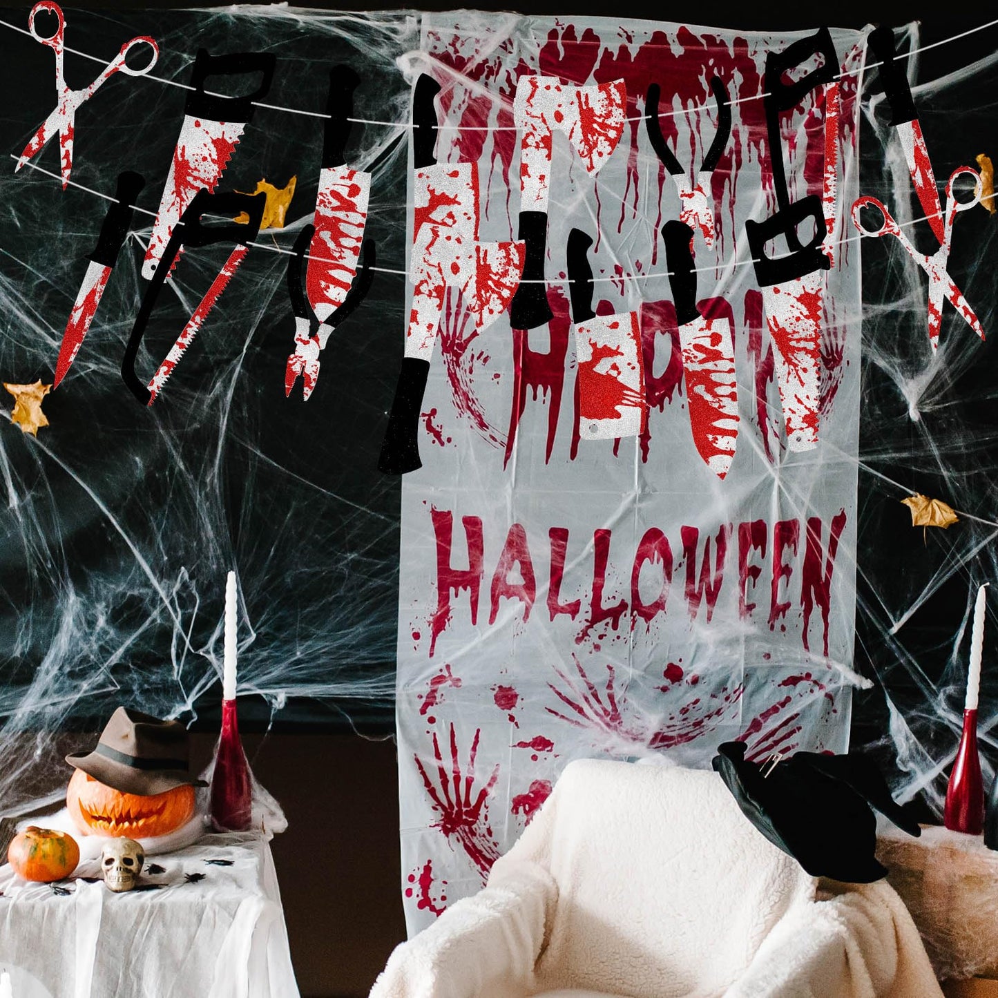 4PCS Halloween Party Decorations Bloody Banner Horror Scary Garland Set Decor for Creepy Movie Theme Birthday Carnival Spooky Props Supplies