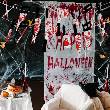 4PCS Halloween Party Decorations Bloody Banner Horror Scary Garland Set Decor for Creepy Movie Theme Birthday Carnival Spooky Props Supplies