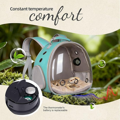 Bearded Dragon Travel Backpack Carrier with Reptile Thermometer and Humidity Gauge Lizard Travel Cage Space Capsule Clear Bubble Window Astronaut Reptile Carrier Bag for Ball Python (Green, Backpack)