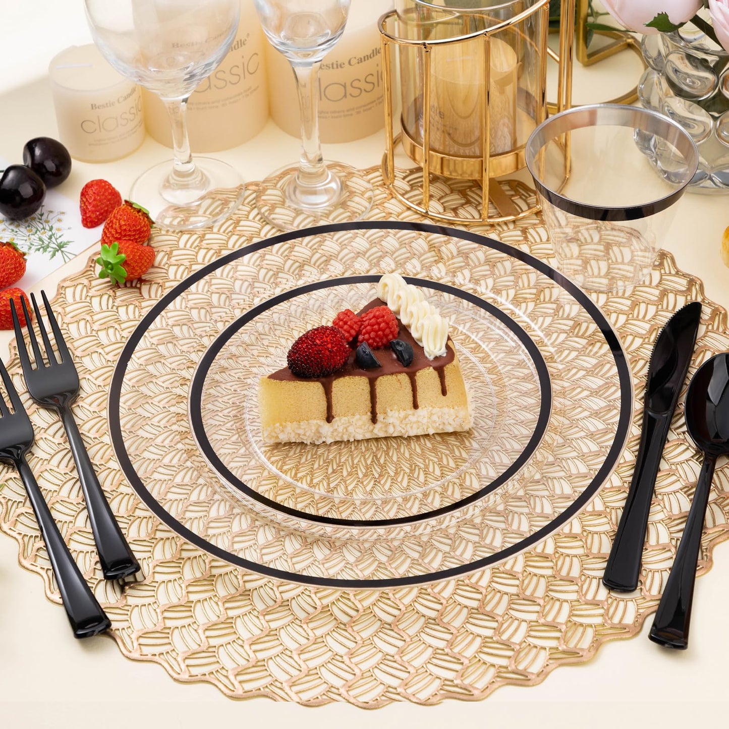 BESTSTAR 200PCS Black and Clear Plastic Plate, Black Disposable Plate Set with 100 Dinner Halloween Plates and 100 Dessert Plates for Party