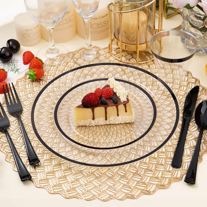 BESTSTAR 200PCS Black and Clear Plastic Plate, Black Disposable Plate Set with 100 Dinner Halloween Plates and 100 Dessert Plates for Party
