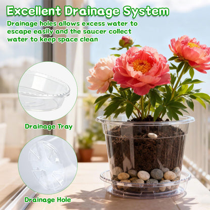FDKYOEK 30Pack Clear Nursery Pots with Drainage and Saucer, 3/4/5/6/7in Clear Plastic Pots for Plants Flowers Succulents Vegetables, Transparent Plant Pots with 100 Planter Labels for Seedling Starter