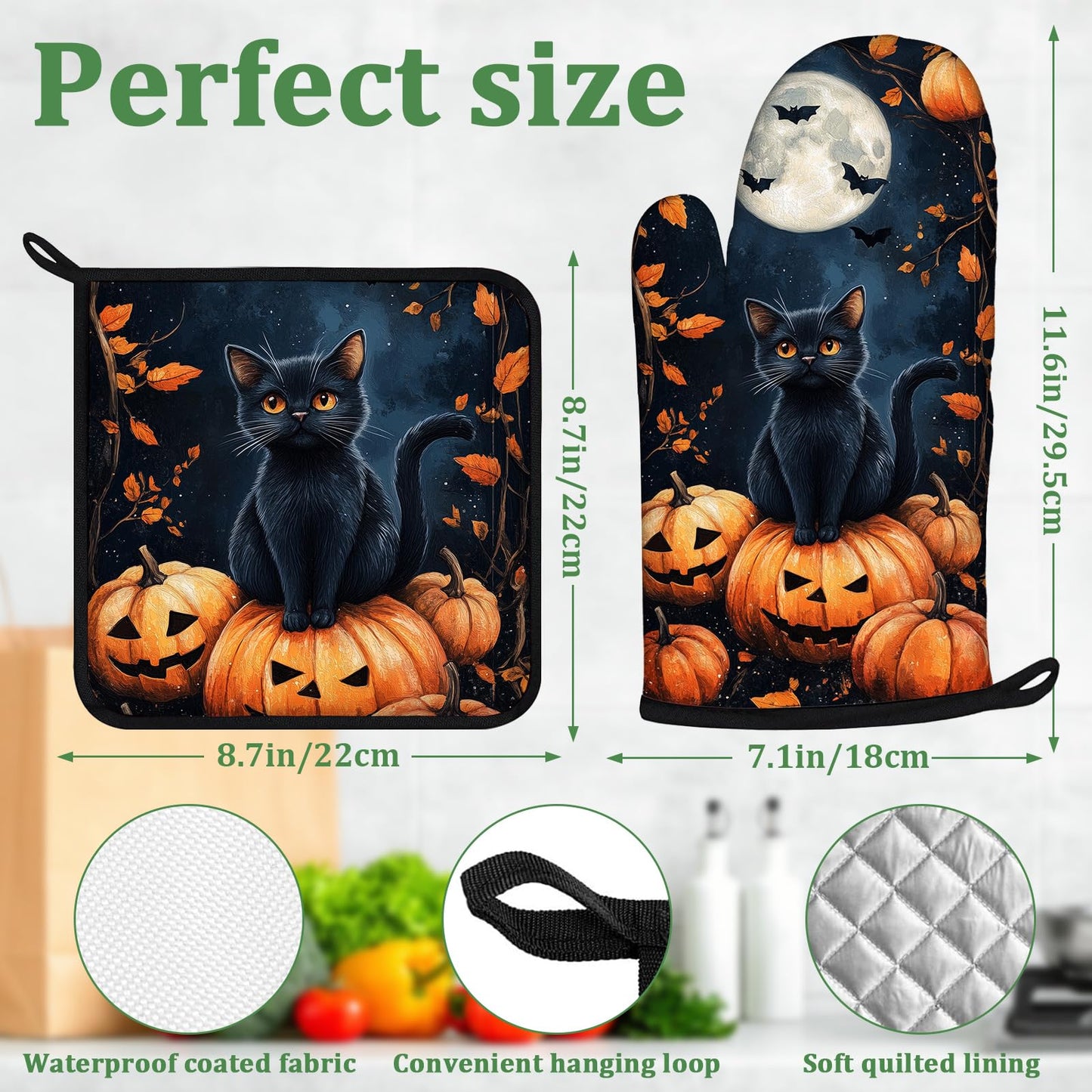 Halloween Black Cat Moon Pumpkin Oven Mitts and Pot Holders Set 4 Pcs Extra Long Heat Resistant Gloves Potholder for Baking, BBQ, Grilling