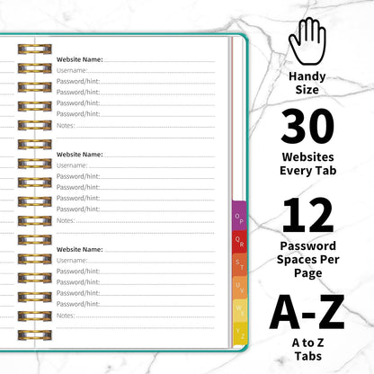 Password Book with Alphabetical Tabs, Password Keeper Book for Seniors, 5.8" X 8.2" Medium Size Password Notebook, Spiral Hardcover Password Journal Logbook for Website Logins, Green