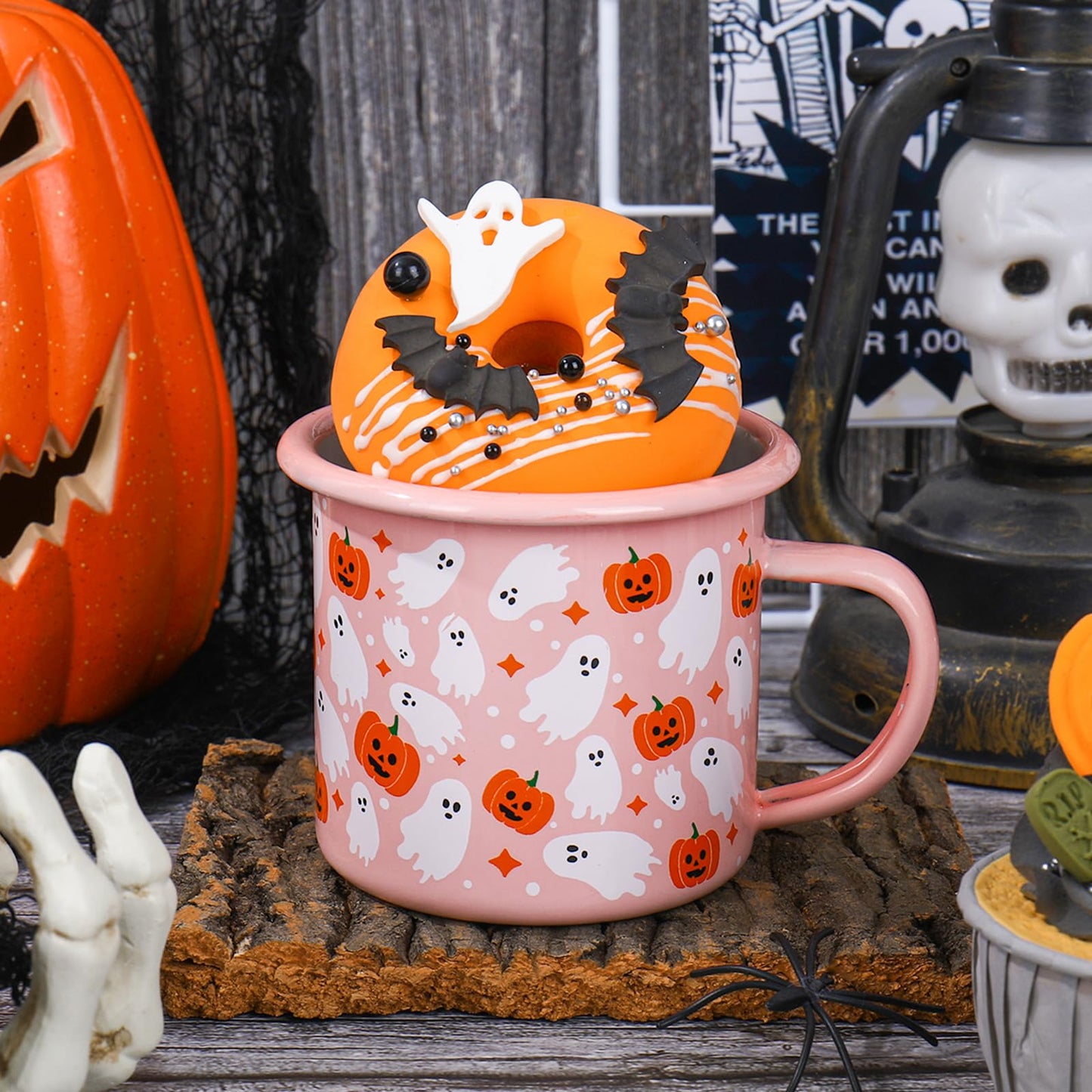 JarThenaAMCS 2 Pcs Halloween Coffee Mug Boo Ghost Pumpkin Enamel Cups with Handle Pink Drinking Mugs for Trick or Treat Birthday Holiday Party Gifts, 12 Oz