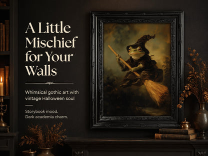 KKP Vintage Frog Witch Wall Art, Framed Goth Frog on Broom Canvas Prints