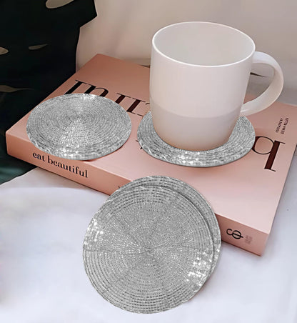 Silver Coasters Set of 4,Handmade Beaded Bar Drink Tabletop Protection Coasters - Halloween Harvest Autumn Fall Thanksgiving Holiday Christmas Xmas Celebration Festive Party 4" Round - Silver