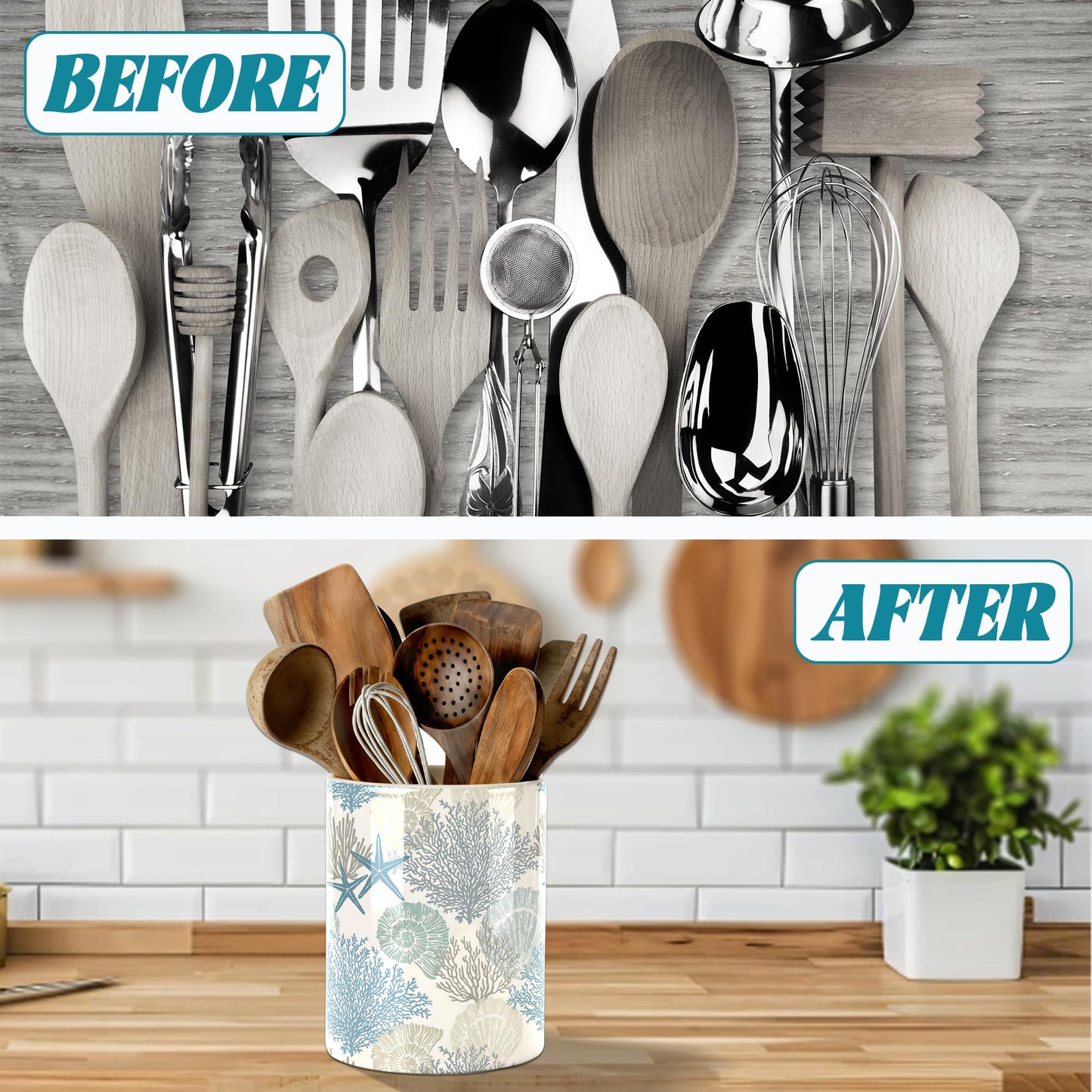 Coastal Utensil Holder, Sea Coastal Ceramic Kitchen Utensil Holder, Utensil Crock for Home Kitchen Countertop Storage Organizer Container, Large Holder for Spatulas, Spoons, Kitchen Counter Decor, 6"