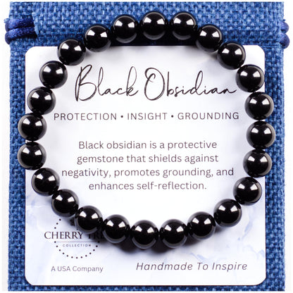 Cherry Tree Collection - Handmade Crystal Beaded Stretch Bracelets For Women and Men - Small, Medium, Large Sizes - Healing Properties Card - 8mm Round Beads (Black Obsidian - Small)