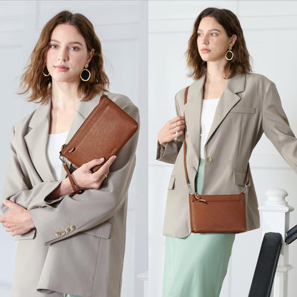 befen Leather Wristlet Wallets for Women, RFID Blocking Small Crossbody Bags, Women Leather Purses Handbags Shoulder Bag Clutch Purse with Adjustable Shoulder Strap and Wrist Strap, Deep Brown
