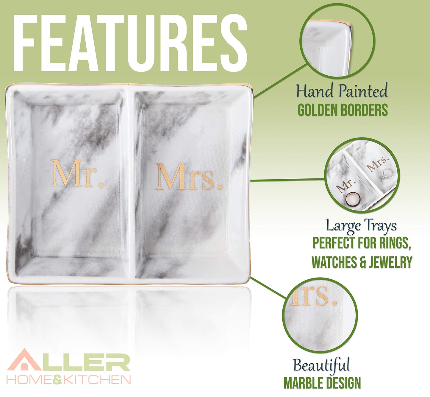 Aller Home & Kitchen Mr. & Mrs. Ring Dish - Marble Design Trinket Dish, Couples Ring Holder Dish - His and Hers Two Section Jewelry Dish Tray, Great for Wedding and Engagement Gifts