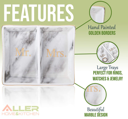Aller Home & Kitchen Mr. & Mrs. Ring Dish - Marble Design Trinket Dish, Couples Ring Holder Dish - His and Hers Two Section Jewelry Dish Tray, Great for Wedding and Engagement Gifts